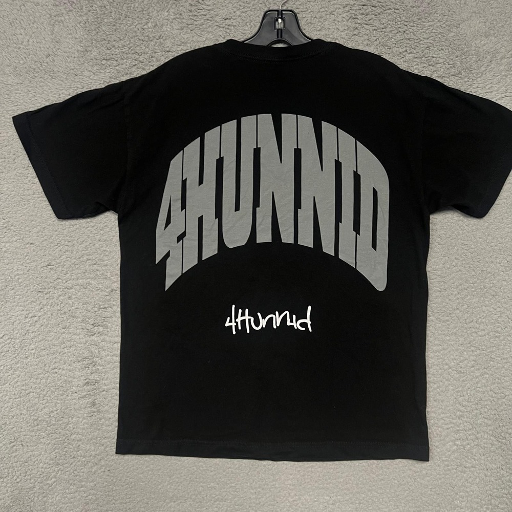 Fourever 4Hunnid T Shirt Mens Sz M Black Curve Script Hip Hop Rapper 2-Sided Tee